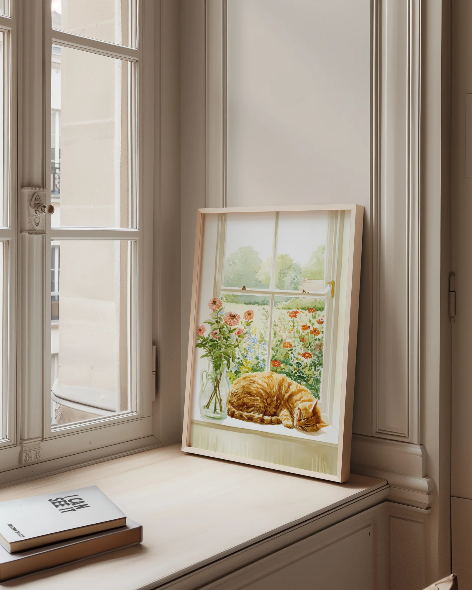 Orange Tabby Cat Window Floral Printable Cat Poster