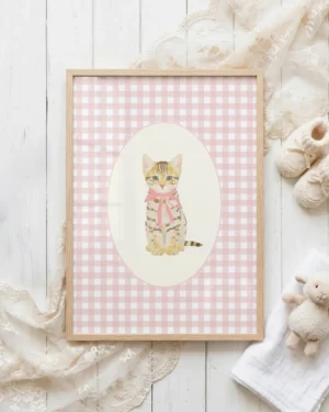 Tabby Kitten Pink Gingham Nursery Printable Cat Poster