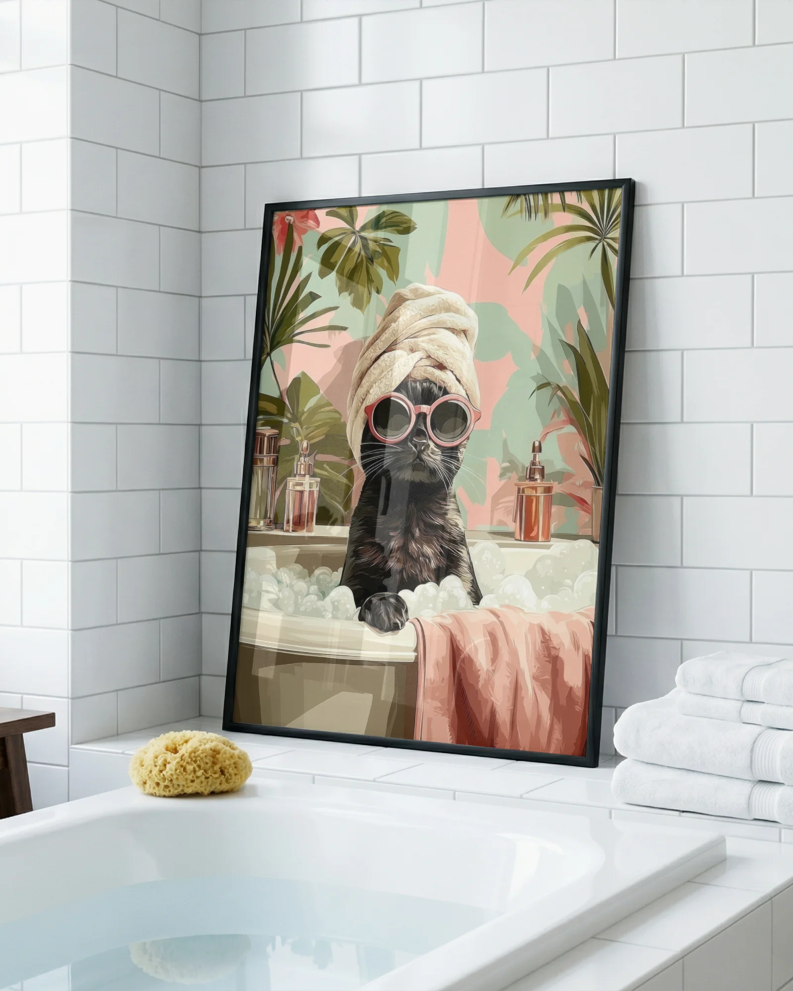 Black Cat in Bubble Bath Bathroom Printable Poster