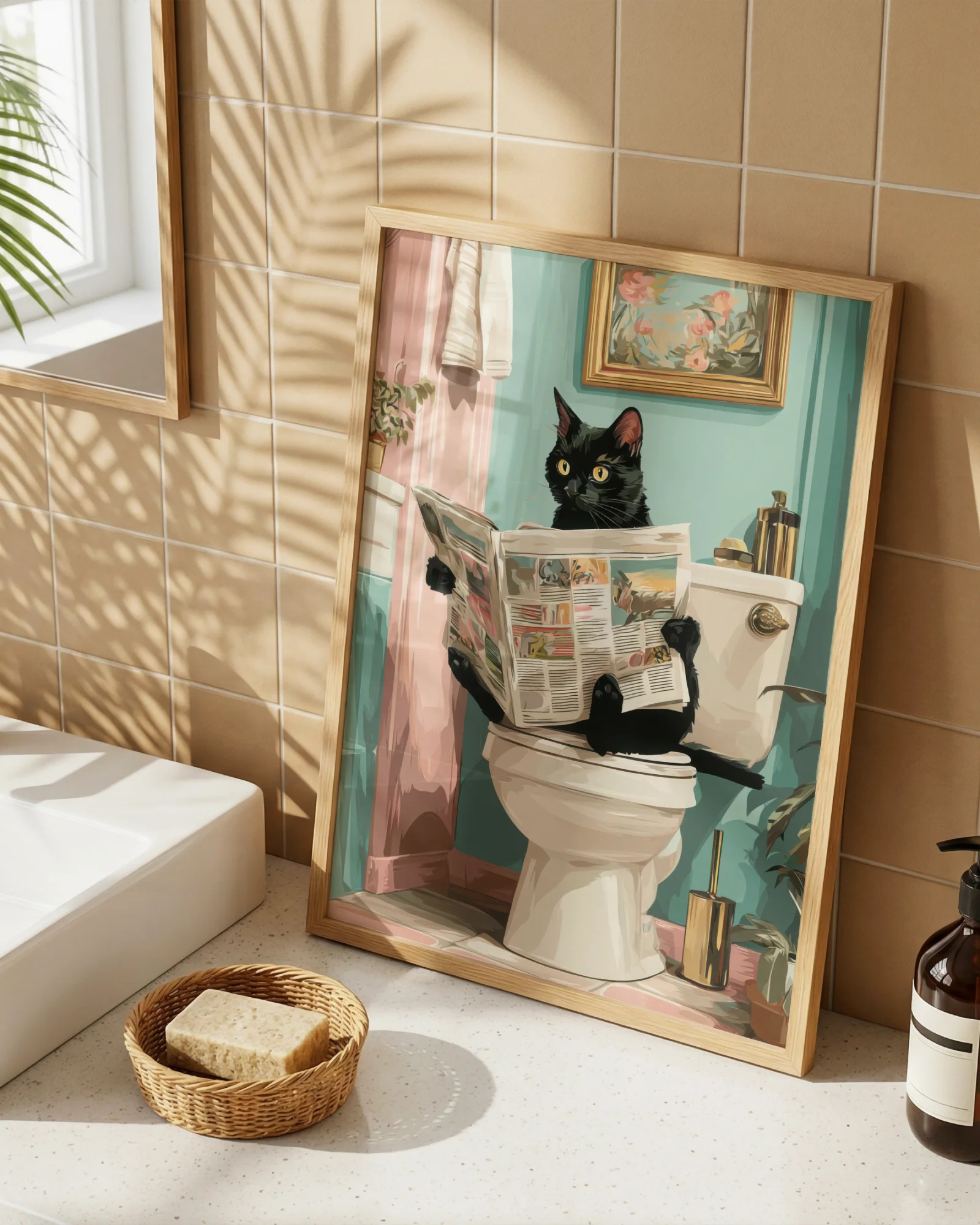 Funny Black Cat Sitting on Toilet Bathroom Printable Poster