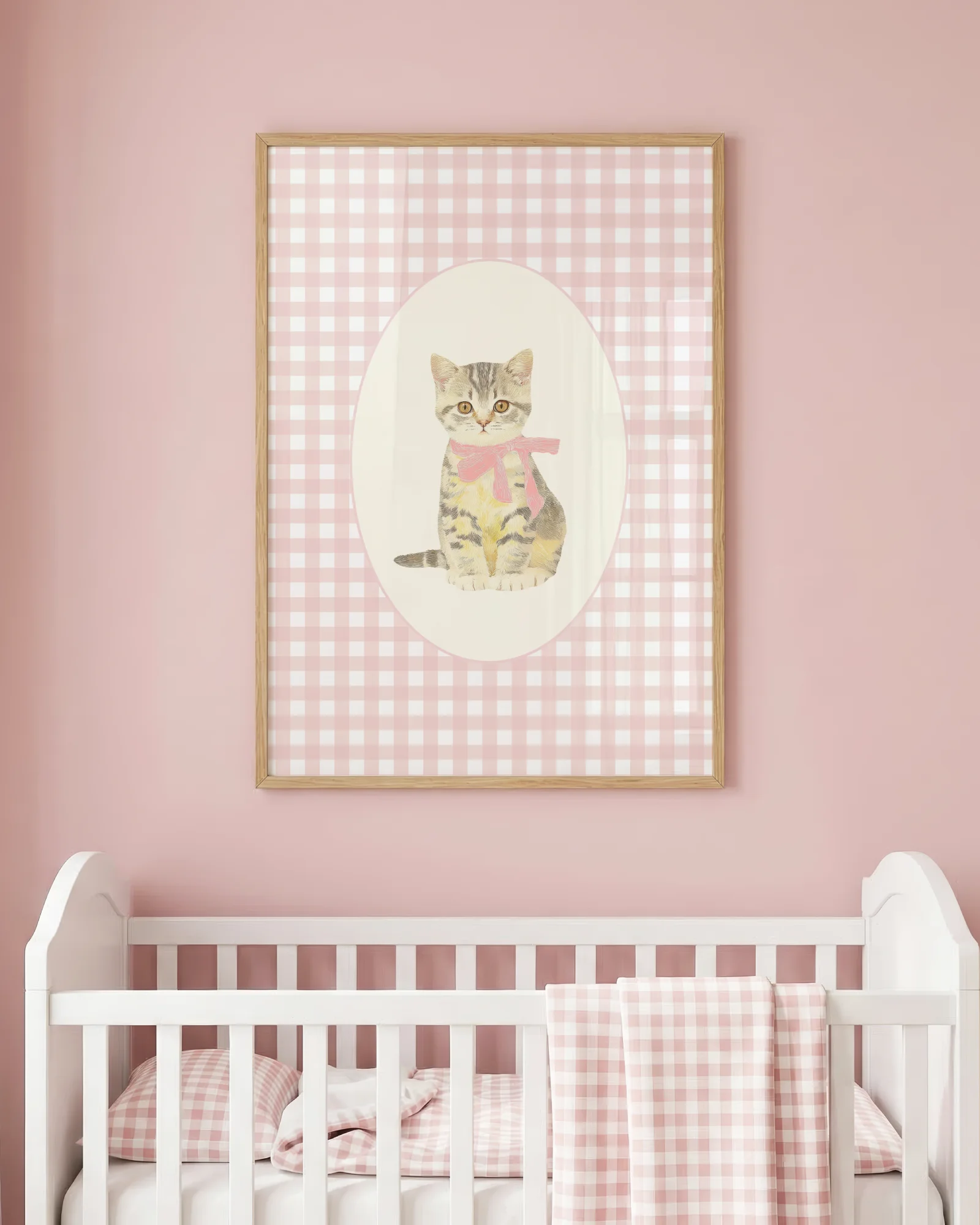 Gray Tabby Kitten Pink Gingham Nursery Printable Cat Poster