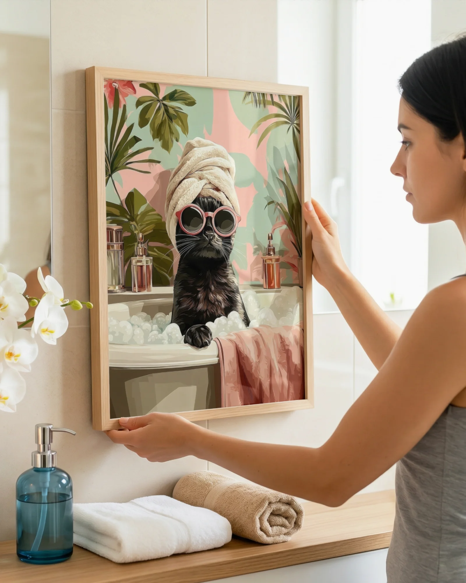 Black Cat in Bubble Bath Bathroom Printable Poster