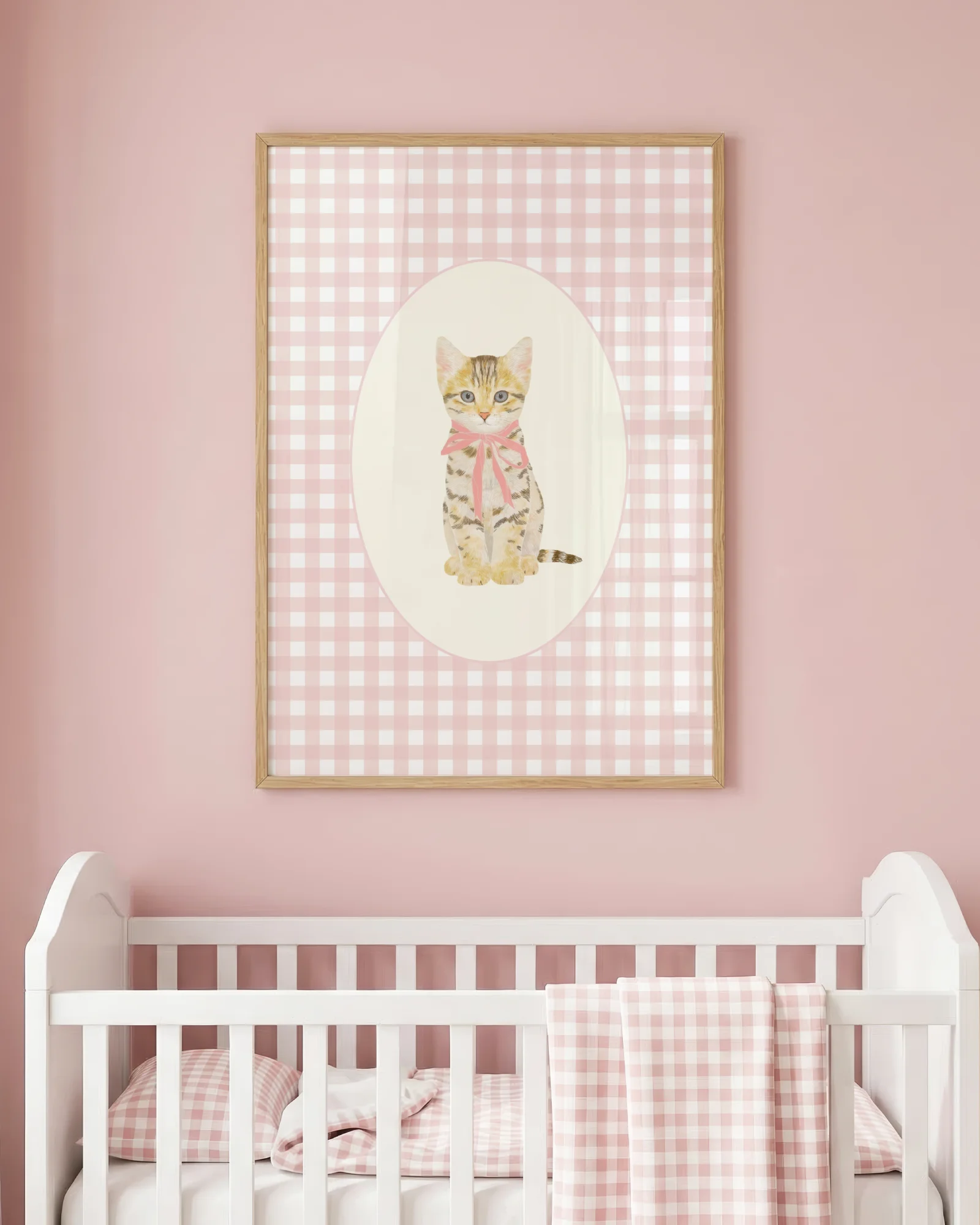 Tabby Kitten Pink Gingham Nursery Printable Cat Poster
