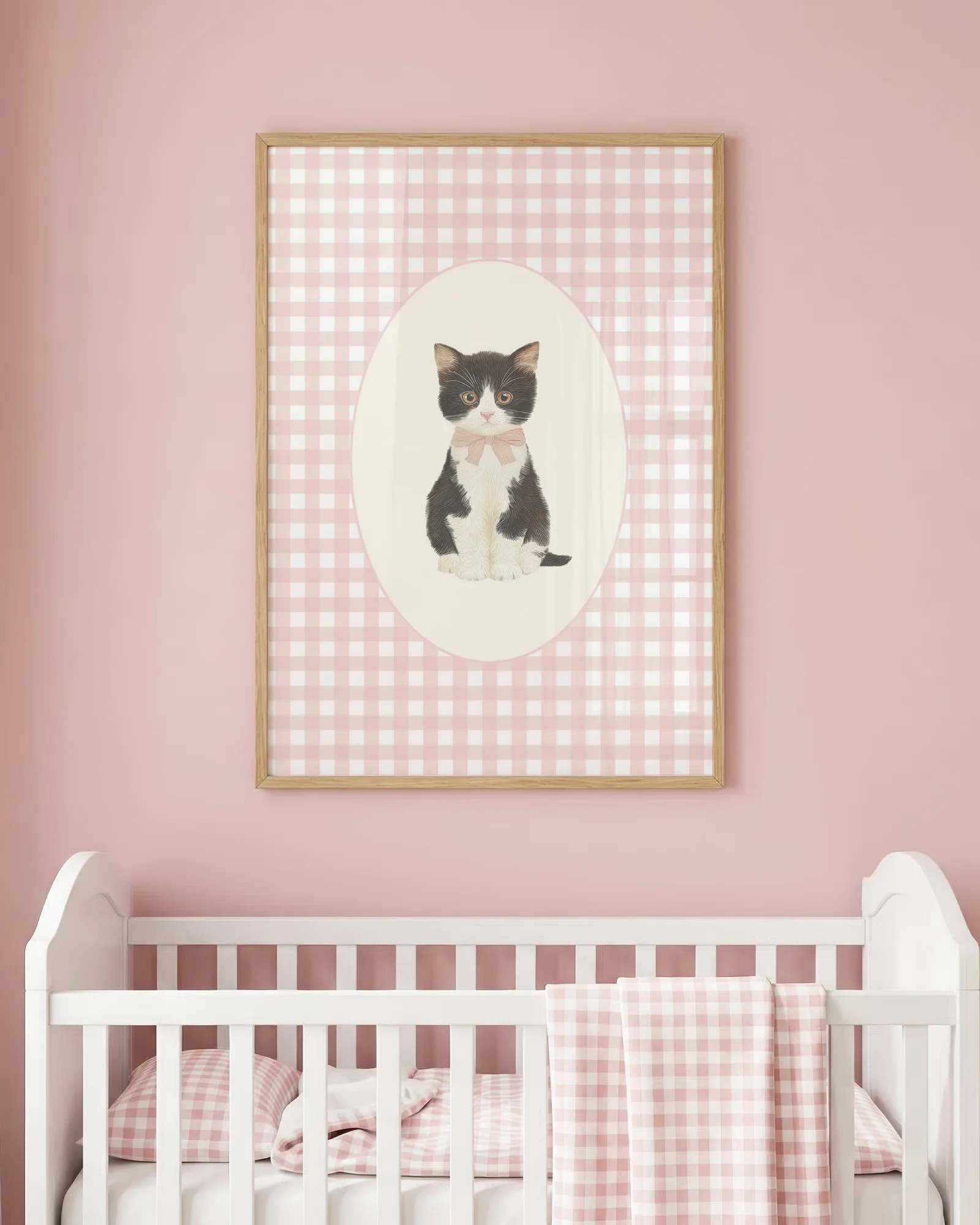 Tuxedo Kitten Pink Gingham Nursery Printable Cat Poster
