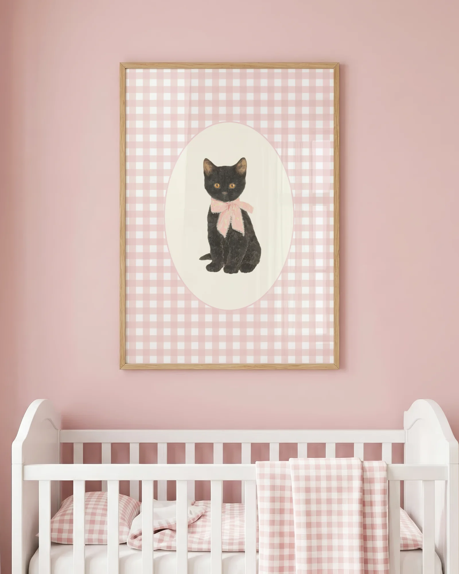 Black Cat Kitten Pink Gingham Nursery Printable Cat Poster