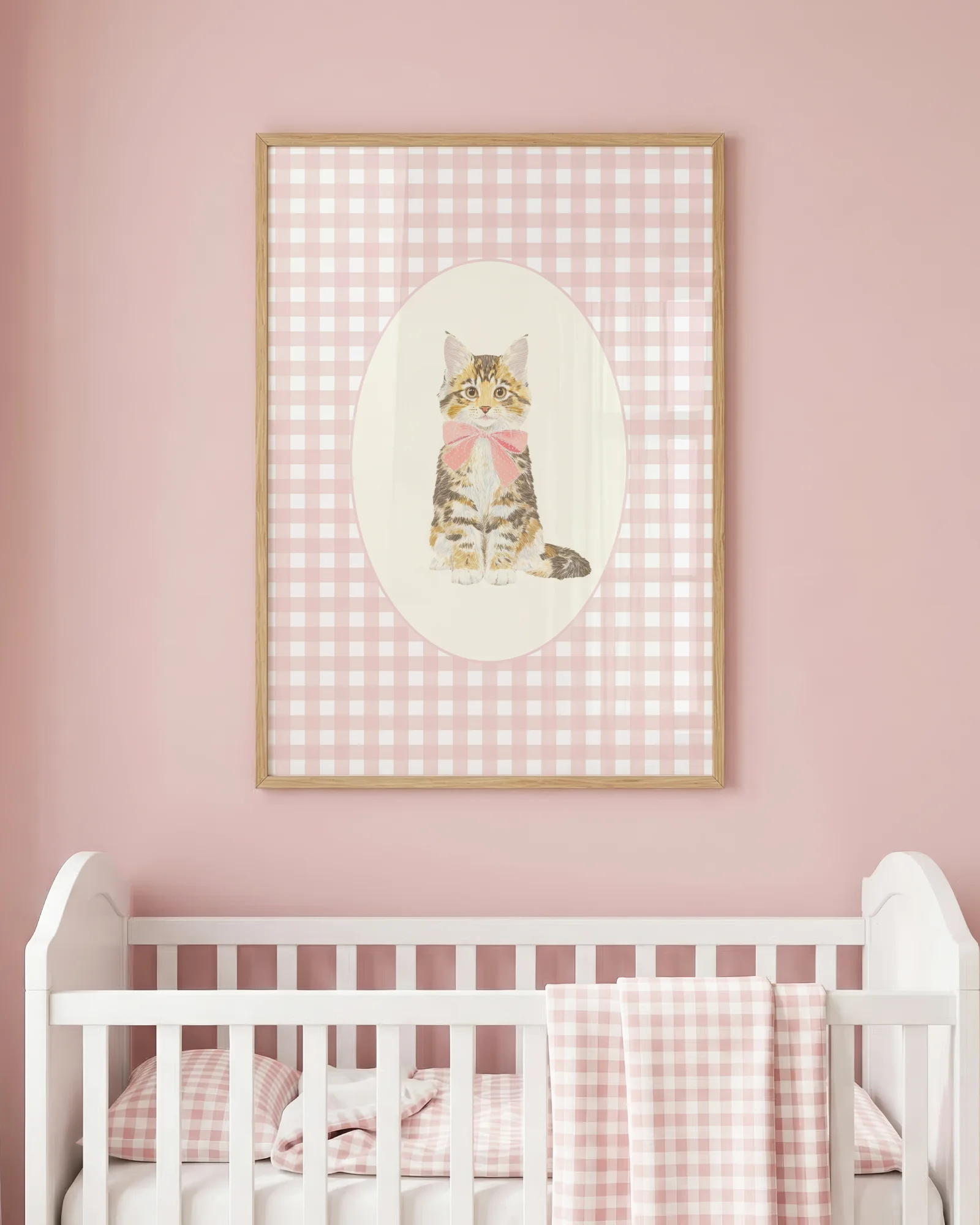 Maine Coon Kitten Pink Gingham Nursery Printable Cat Poster