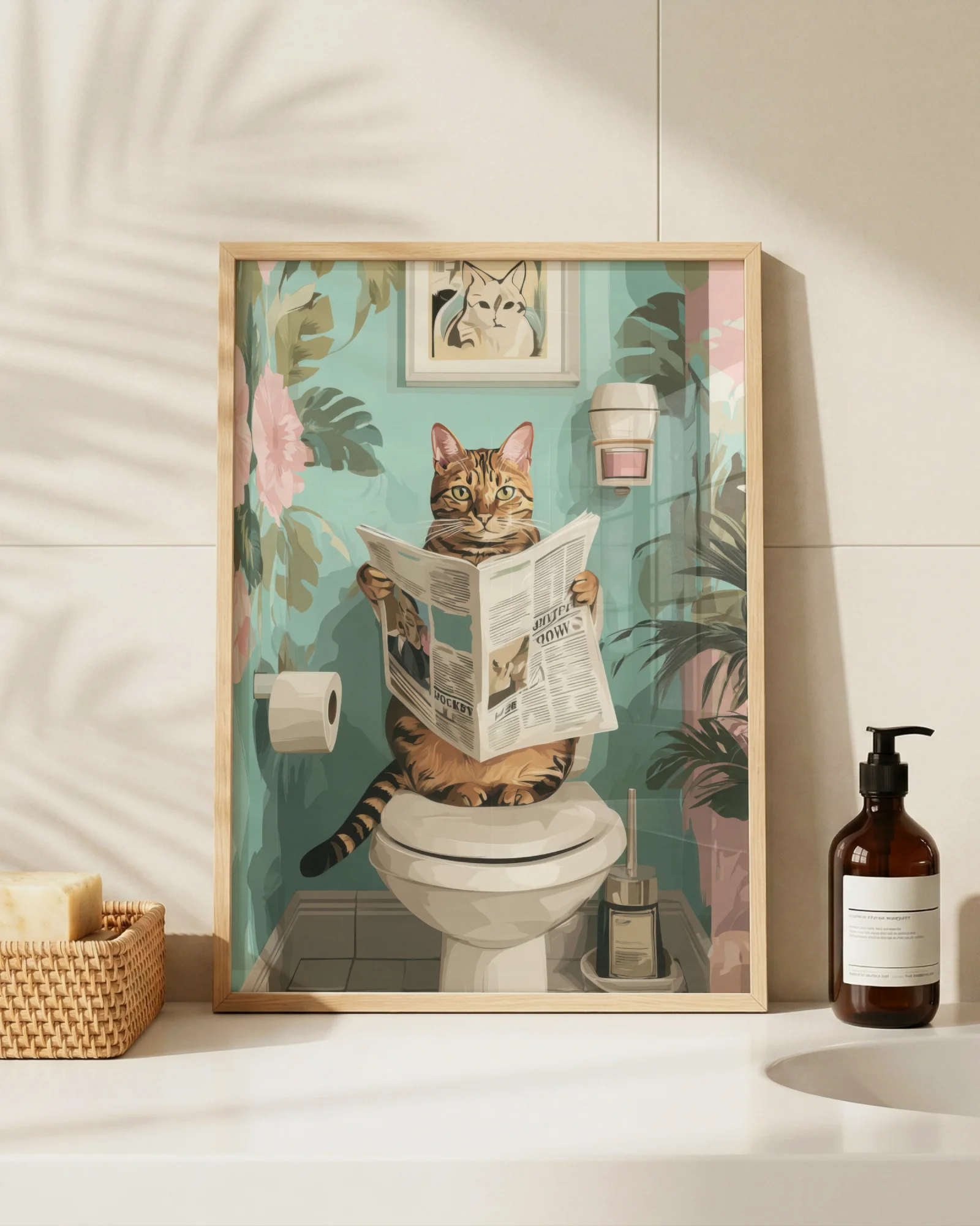 Orange Tabby Cat Sitting on Toilet Bathroom Printable Poster