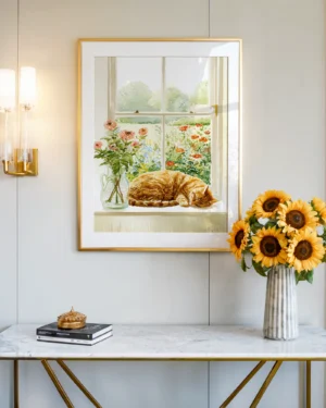 Orange Tabby Cat Window Floral Printable Cat Poster