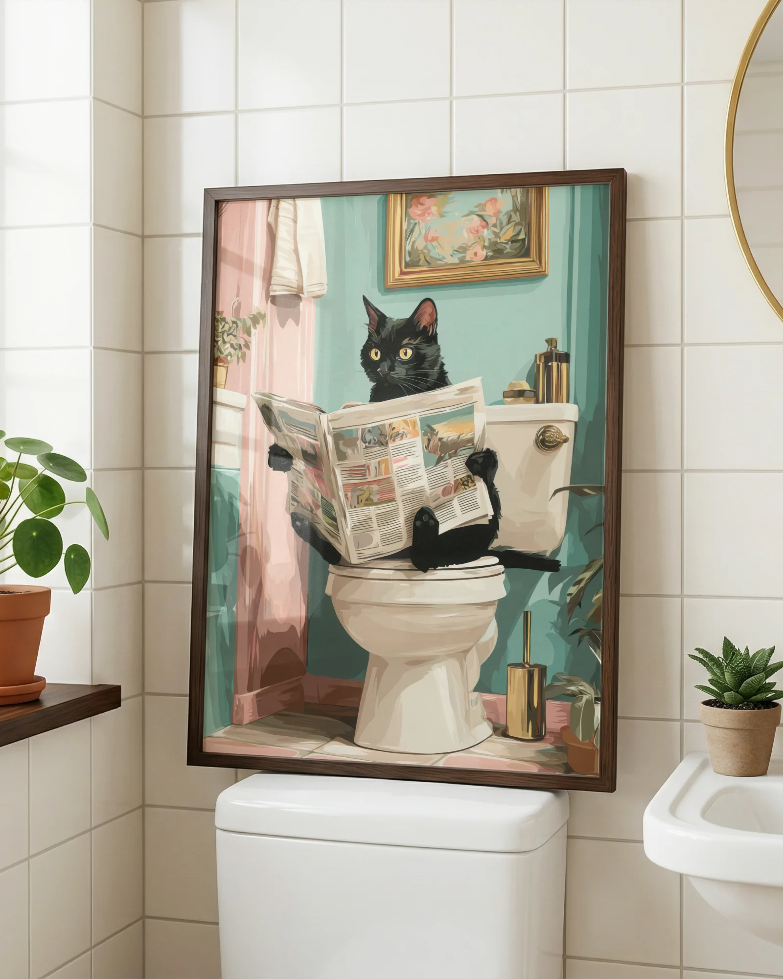 Funny Black Cat Sitting on Toilet Bathroom Printable Poster