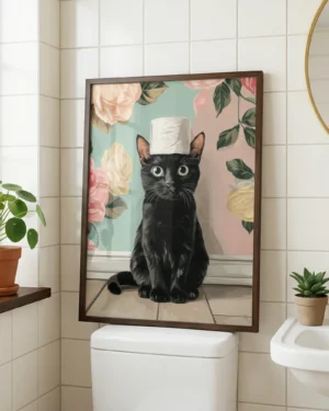 Black Cat with Toilet Paper on Head