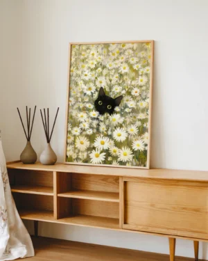 Black Cat Among Daisies Printable Poster