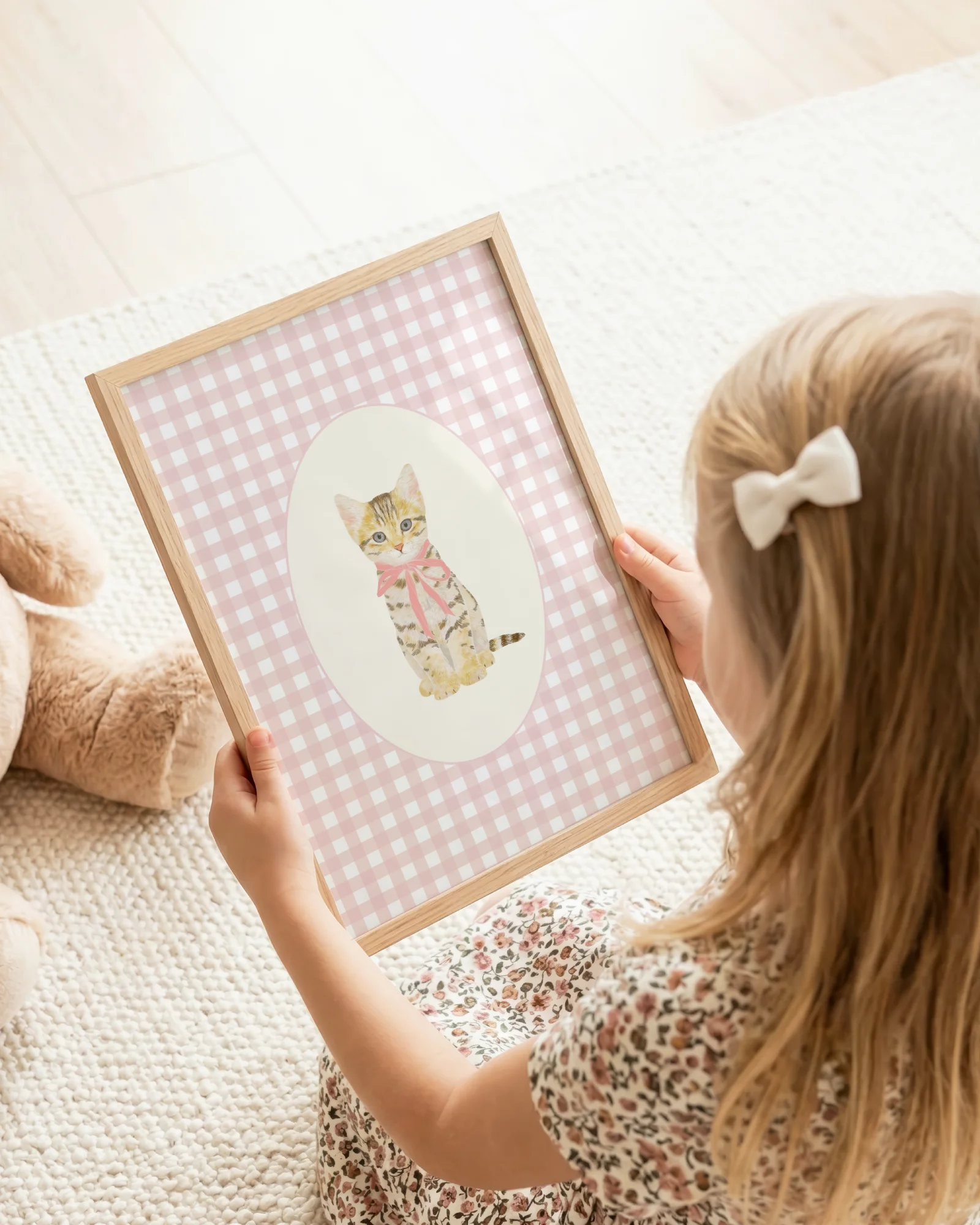 Tabby Kitten Pink Gingham Nursery Printable Cat Poster