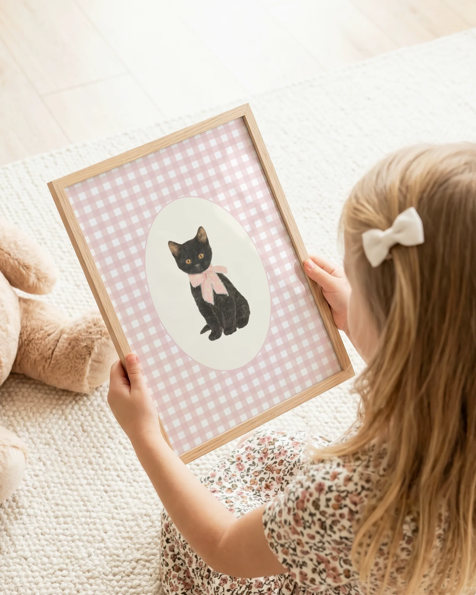Black Cat Kitten Pink Gingham Nursery Printable Cat Poster