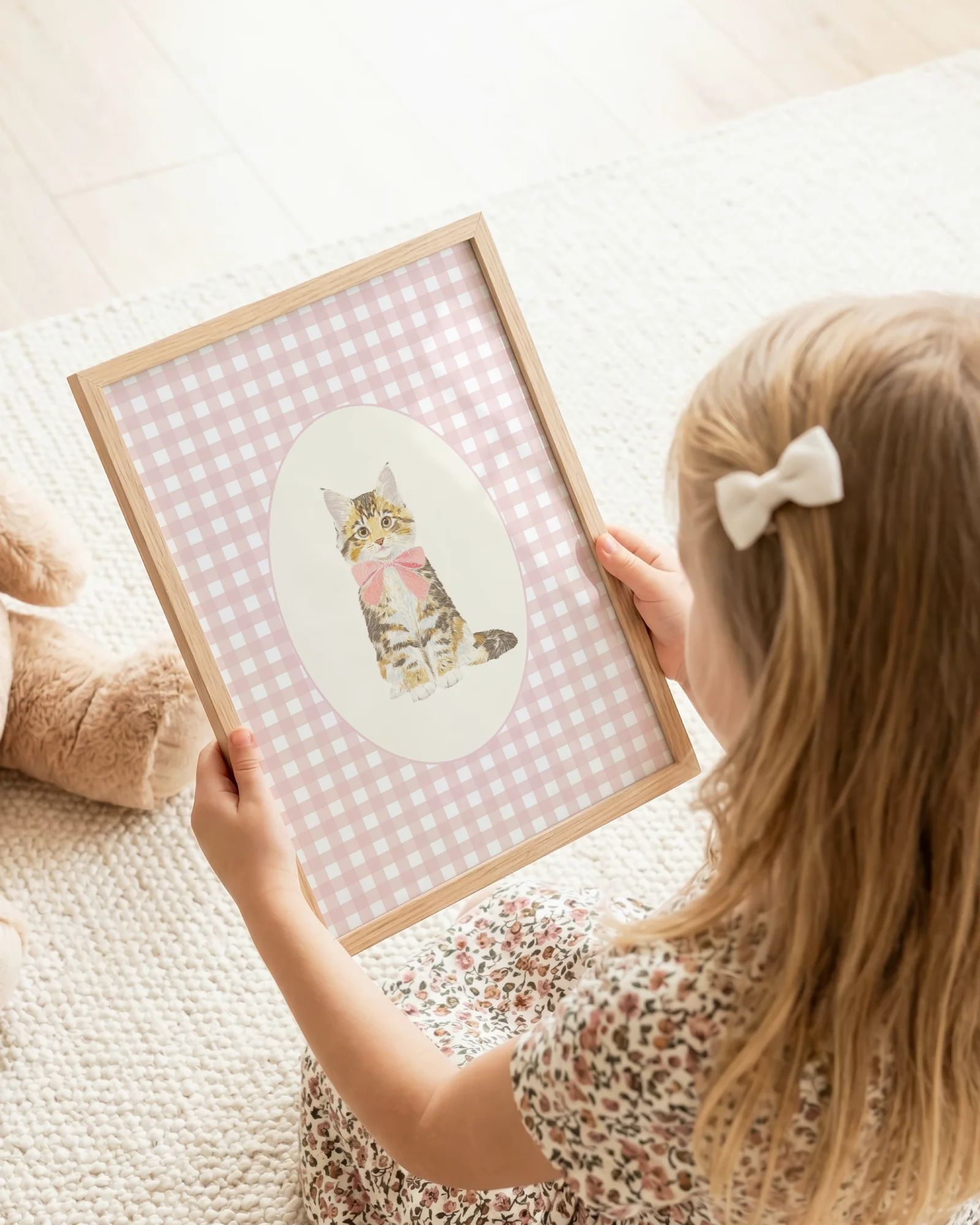 Maine Coon Kitten Pink Gingham Nursery Printable Cat Poster