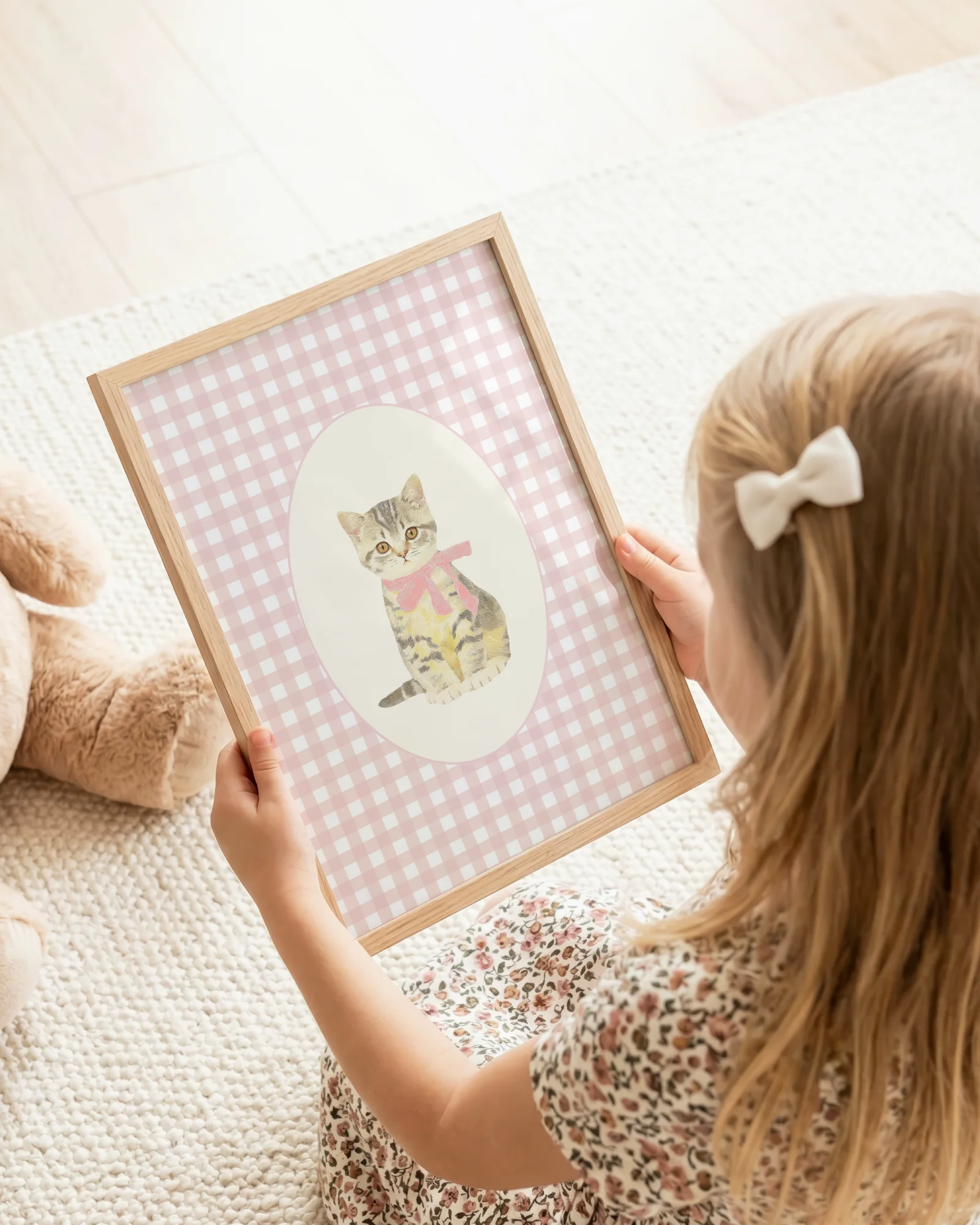 Gray Tabby Kitten Pink Gingham Nursery Printable Cat Poster
