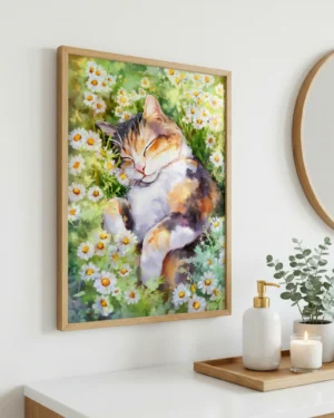 Calico Cat Sleeping in Daisy Field Printable Cat Poster