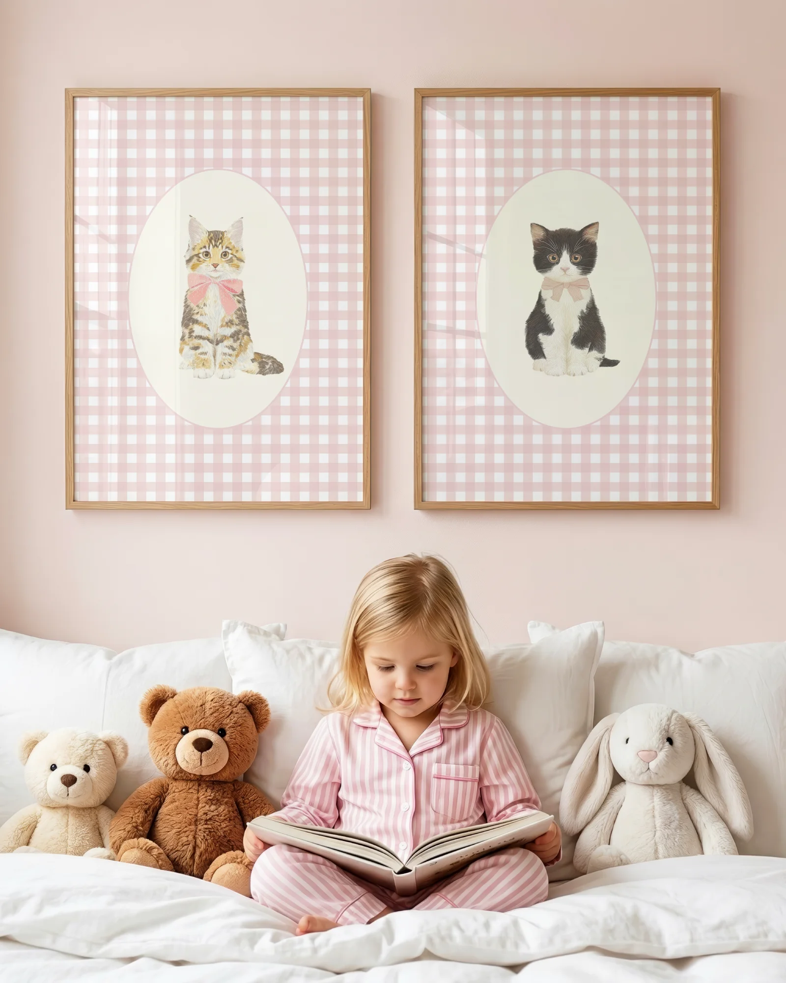 Set of 6 Pink Gingham Kitten Nursery Printable Cat Posters - Image 5