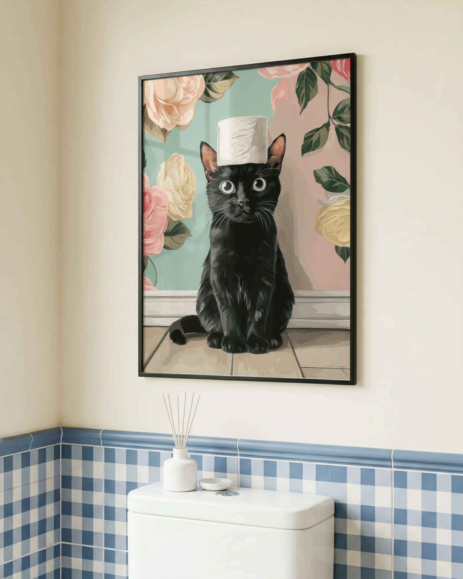 Black Cat with Toilet Paper on Head
