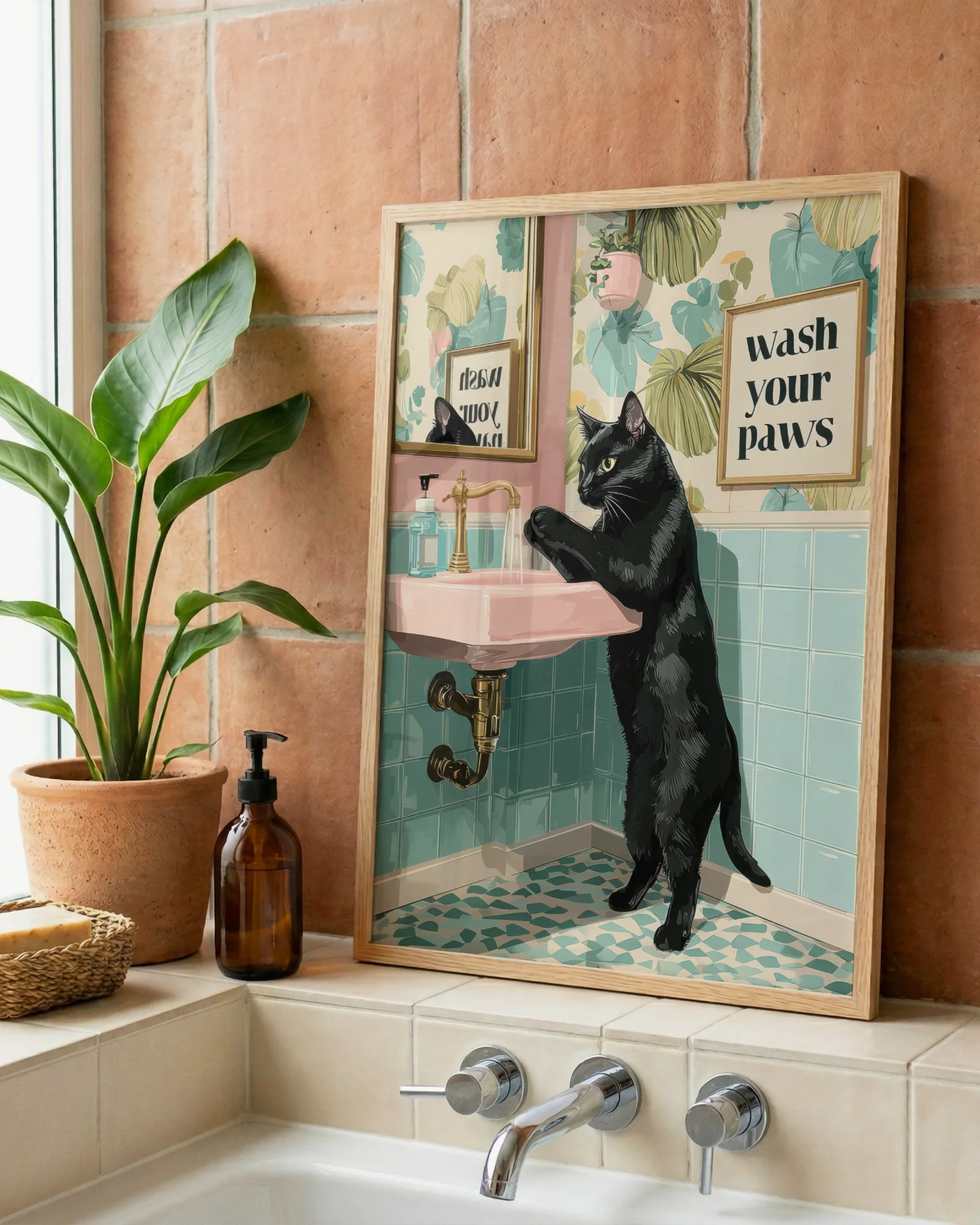 Black Cat Washing Paws Bathroom Printable Poster - Image 2