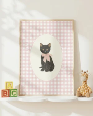 Black Cat Kitten Pink Gingham Nursery Printable Cat Poster
