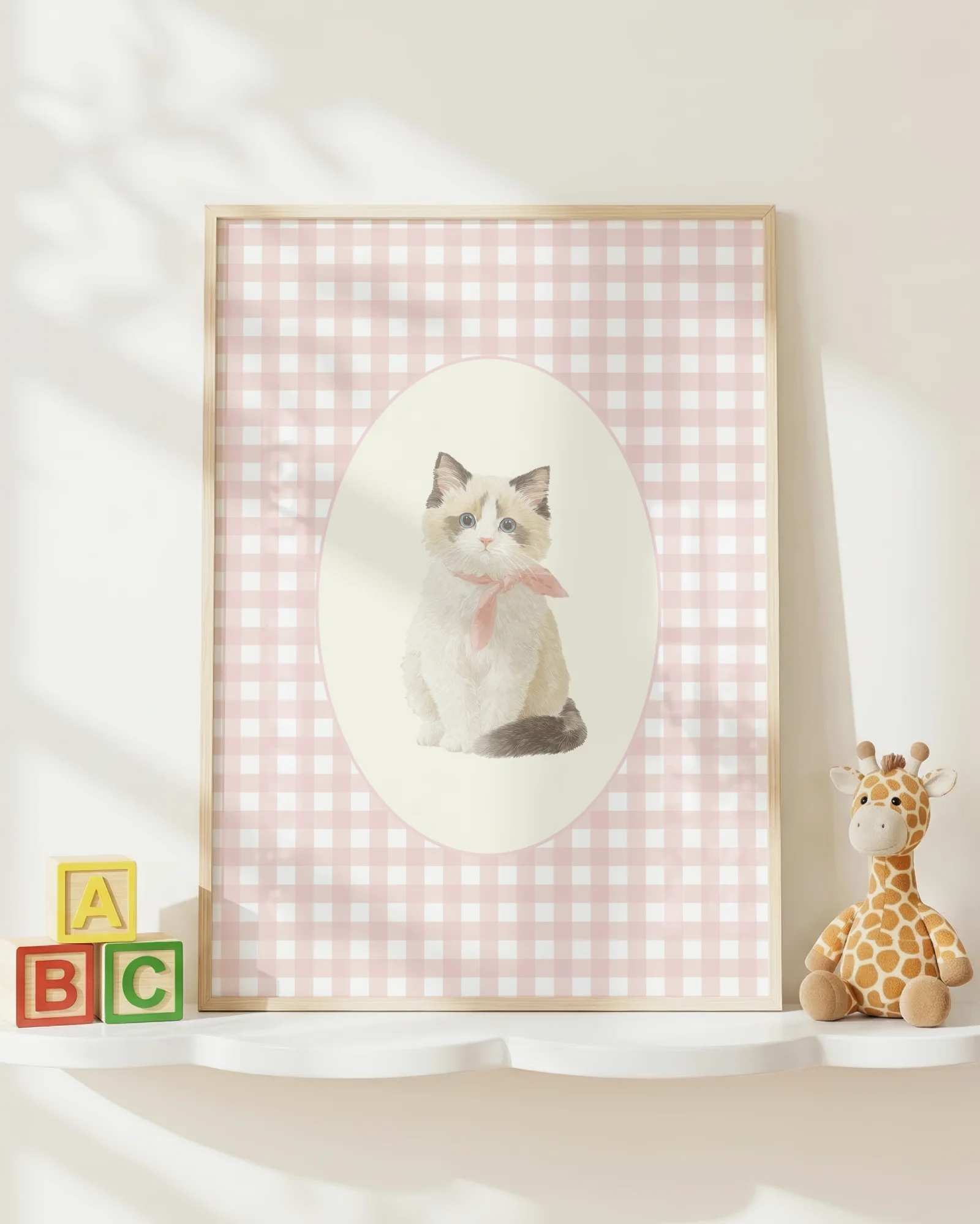Ragdoll Kitten Pink Gingham Nursery Printable Cat Poster