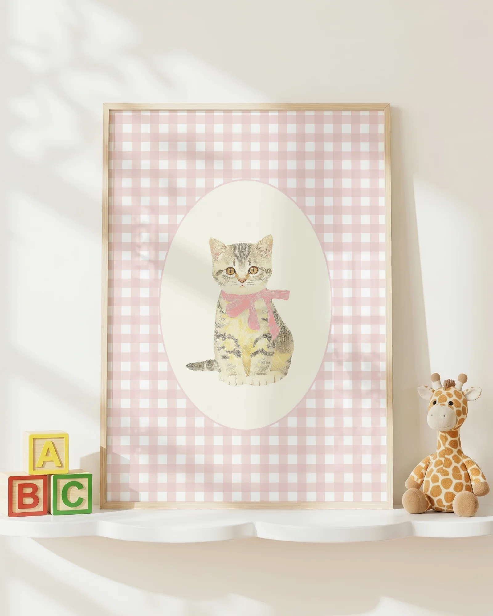 Gray Tabby Kitten Pink Gingham Nursery Printable Cat Poster