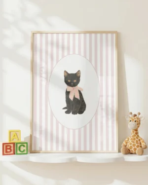 Black Cat Kitten Pink Stripe Nursery Printable Cat Poster