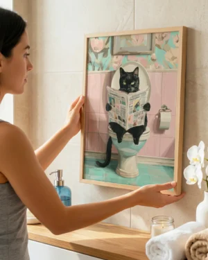 Black Cat Reading on Toilet