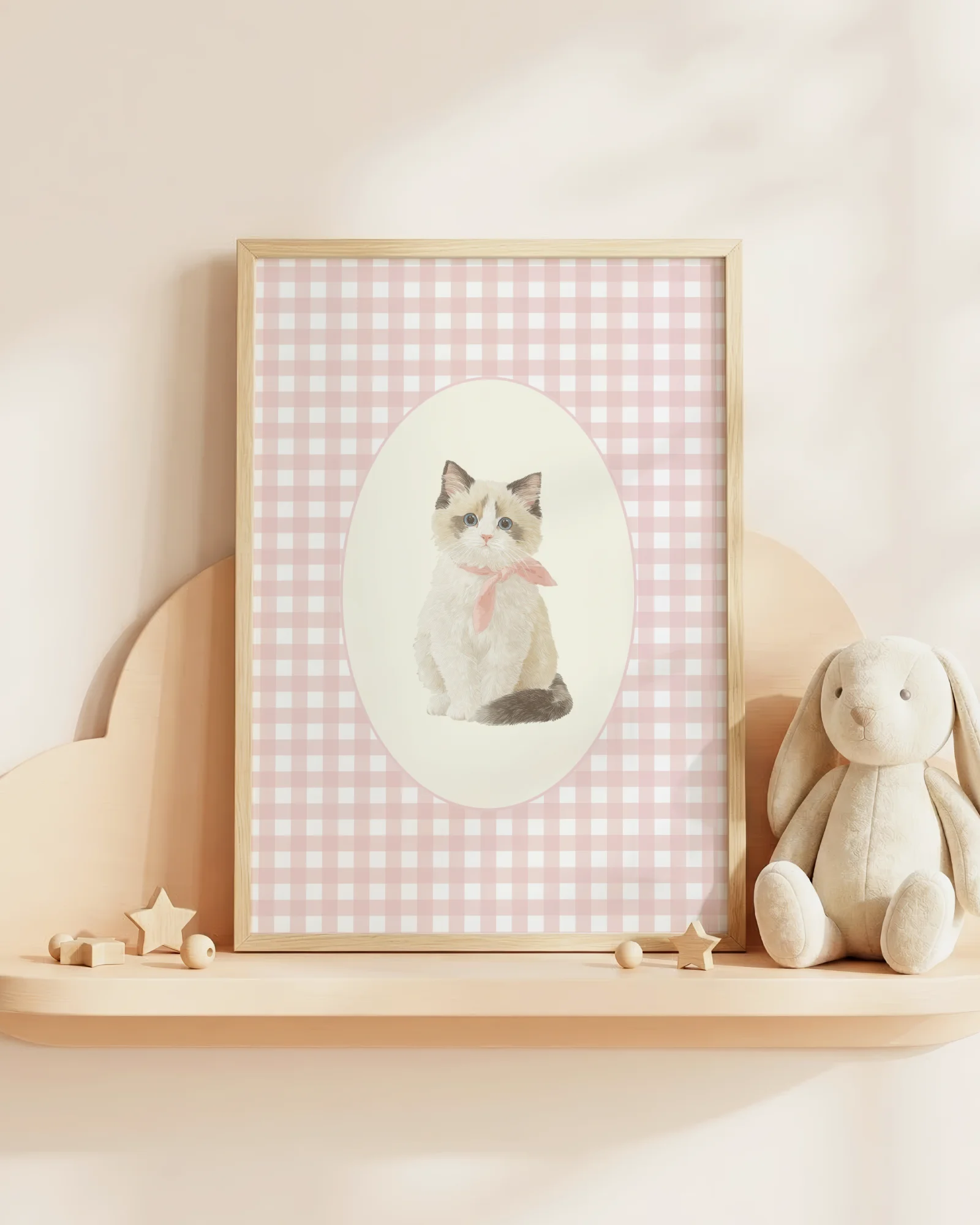 Ragdoll Kitten Pink Gingham Nursery Printable Cat Poster