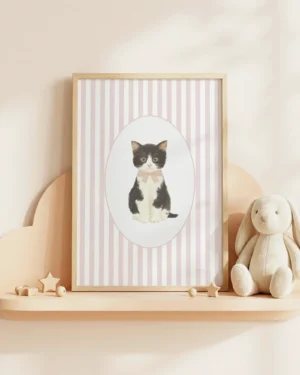 Tuxedo Kitten Pink Stripe Nursery Printable Cat Poster