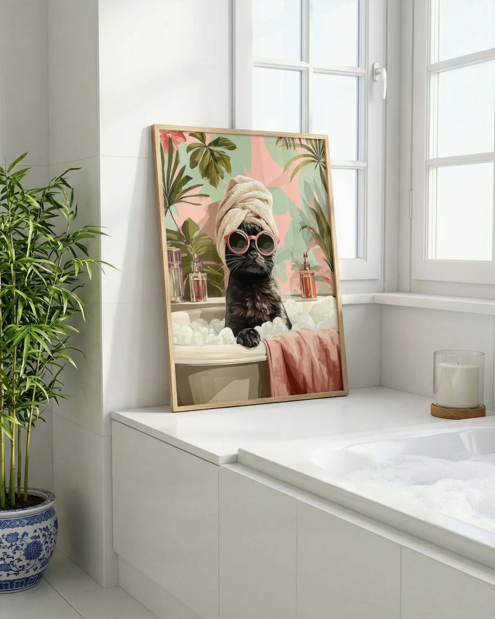 Black Cat in Bubble Bath Bathroom Printable Poster