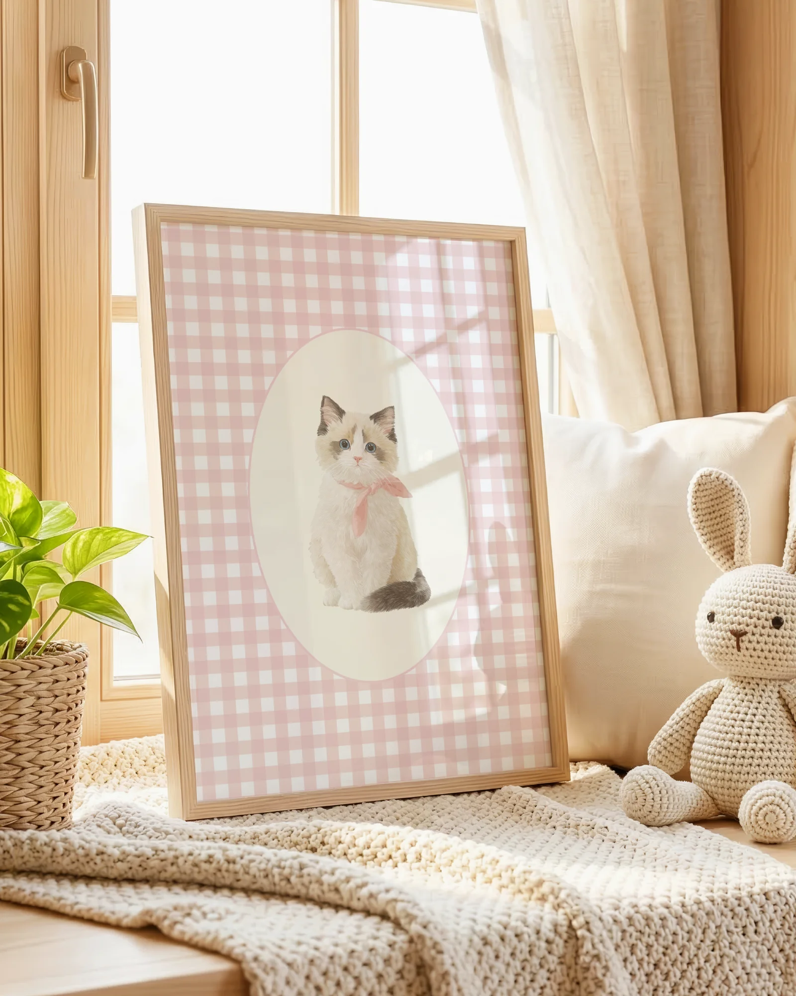 Ragdoll Kitten Pink Gingham Nursery Printable Cat Poster
