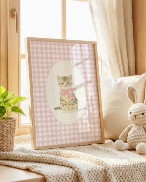 Gray Tabby Kitten Pink Gingham Nursery Printable Cat Poster