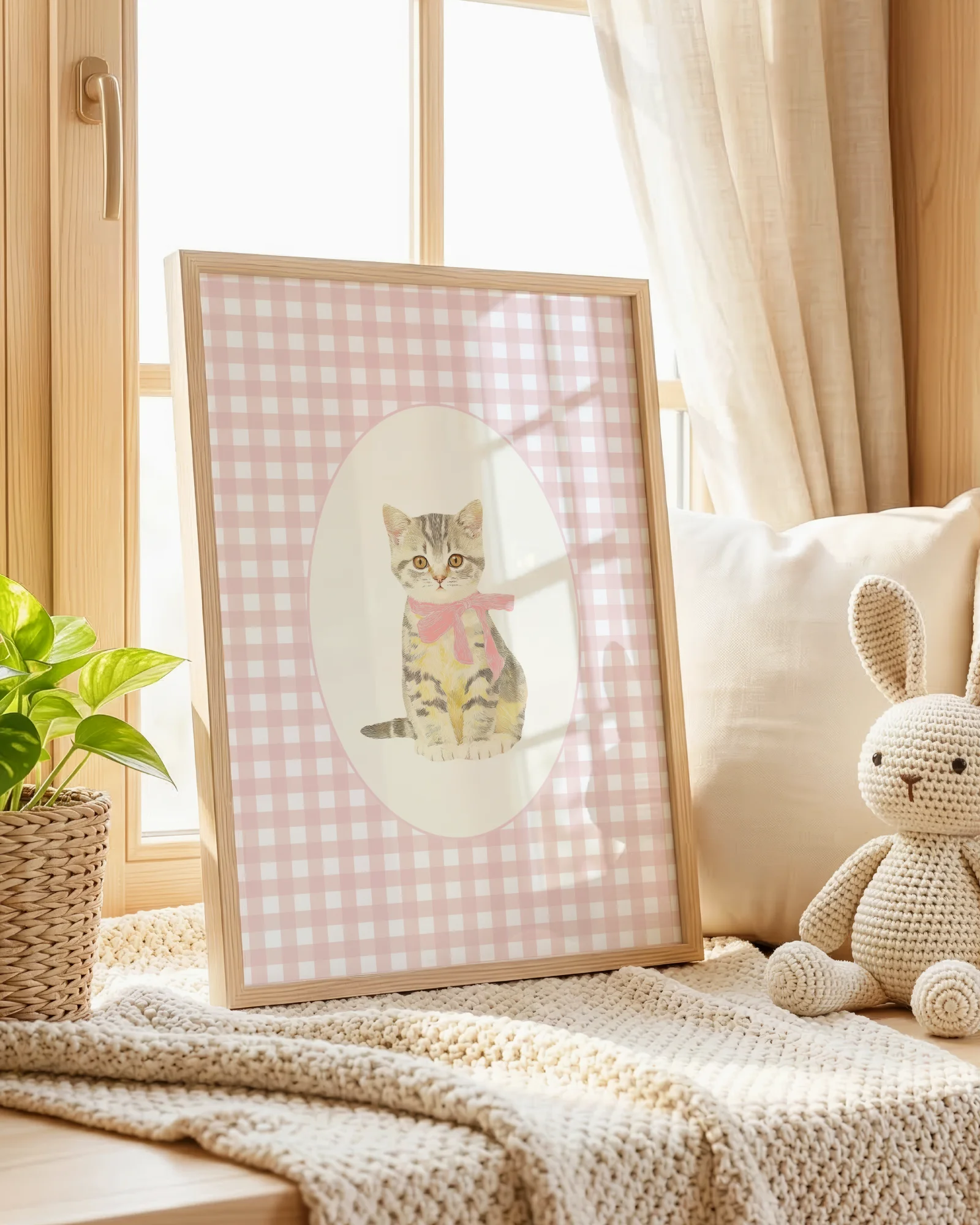 Gray Tabby Kitten Pink Gingham Nursery Printable Cat Poster