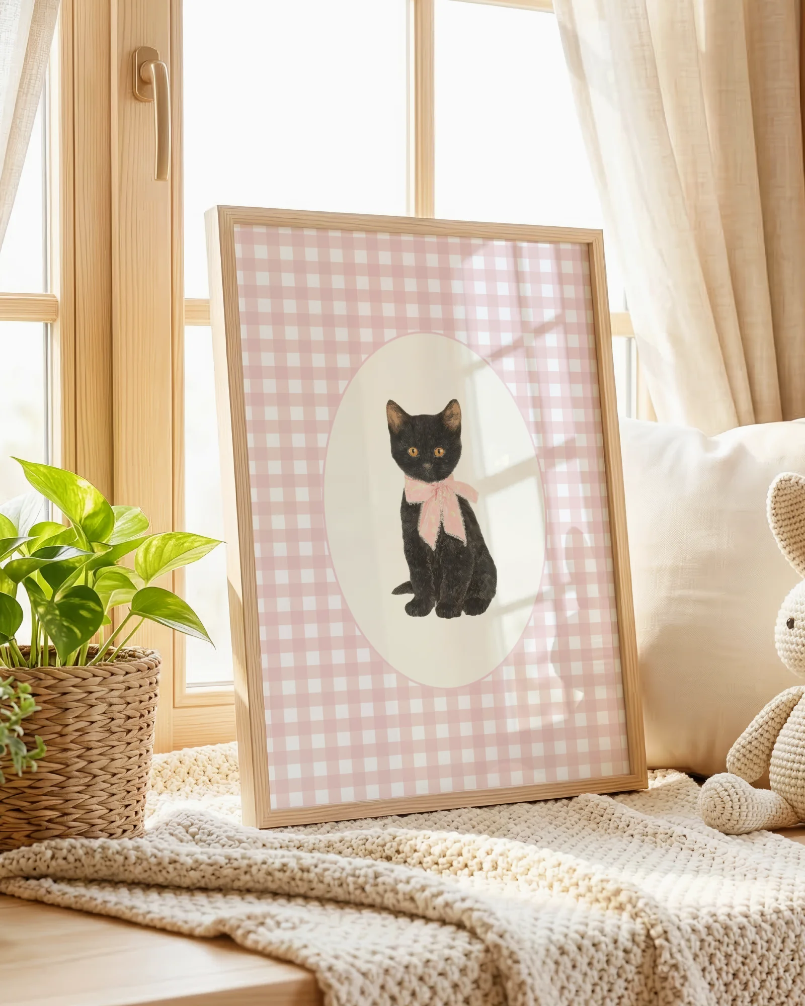 Black Cat Kitten Pink Gingham Nursery Printable Cat Poster