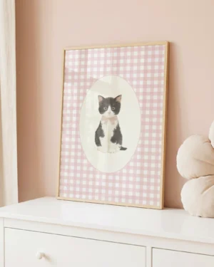 Tuxedo Kitten Pink Gingham Nursery Printable Cat Poster