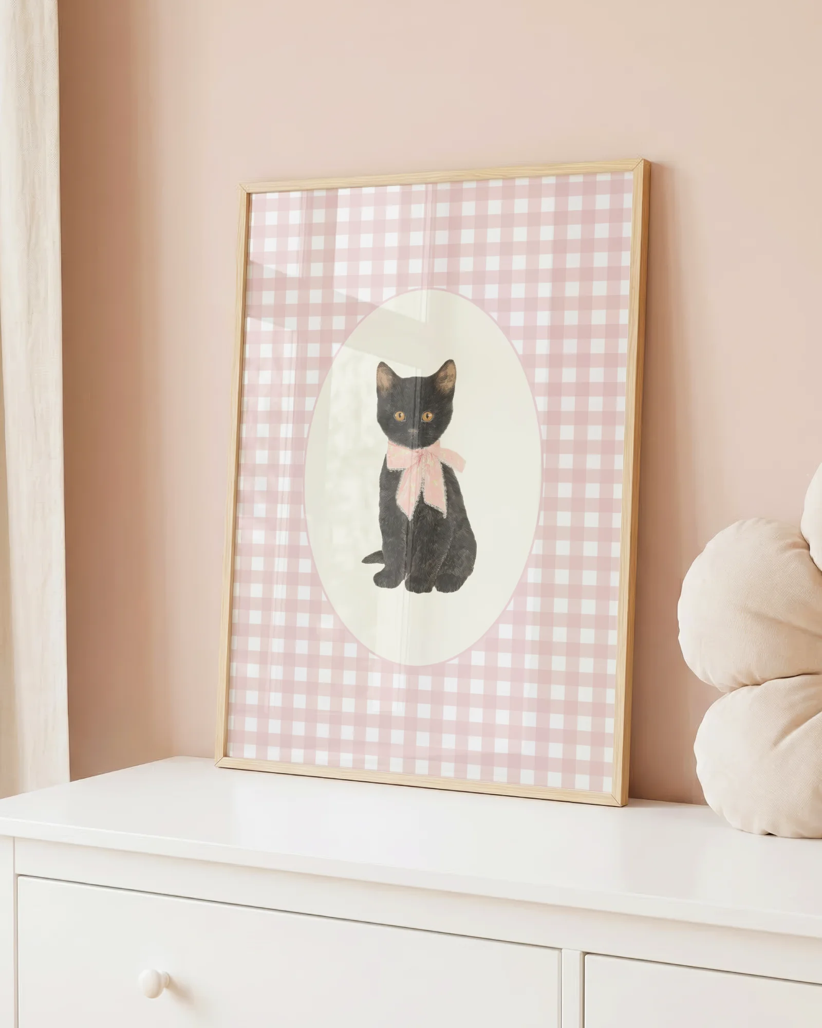 Black Cat Kitten Pink Gingham Nursery Printable Cat Poster