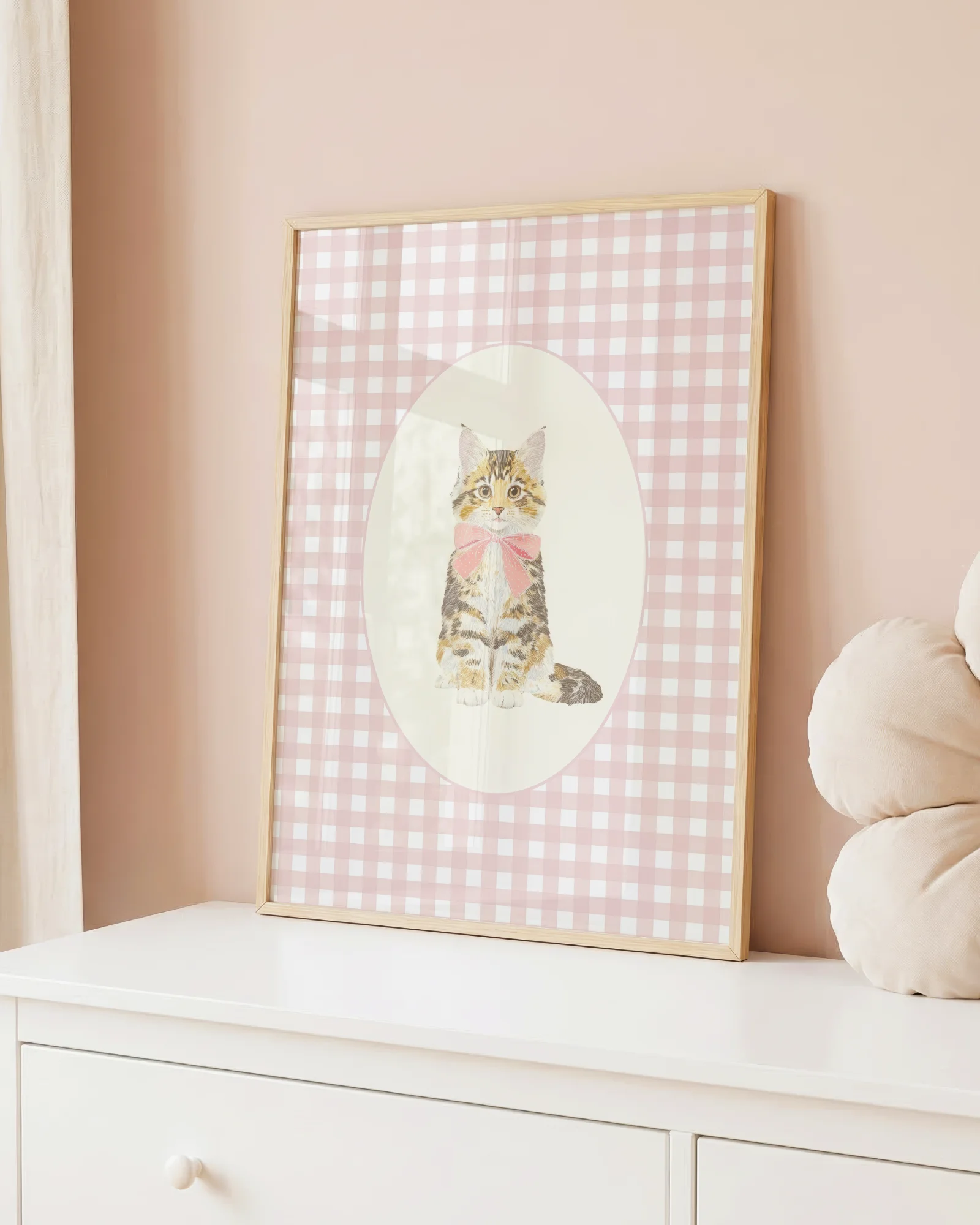 Maine Coon Kitten Pink Gingham Nursery Printable Cat Poster