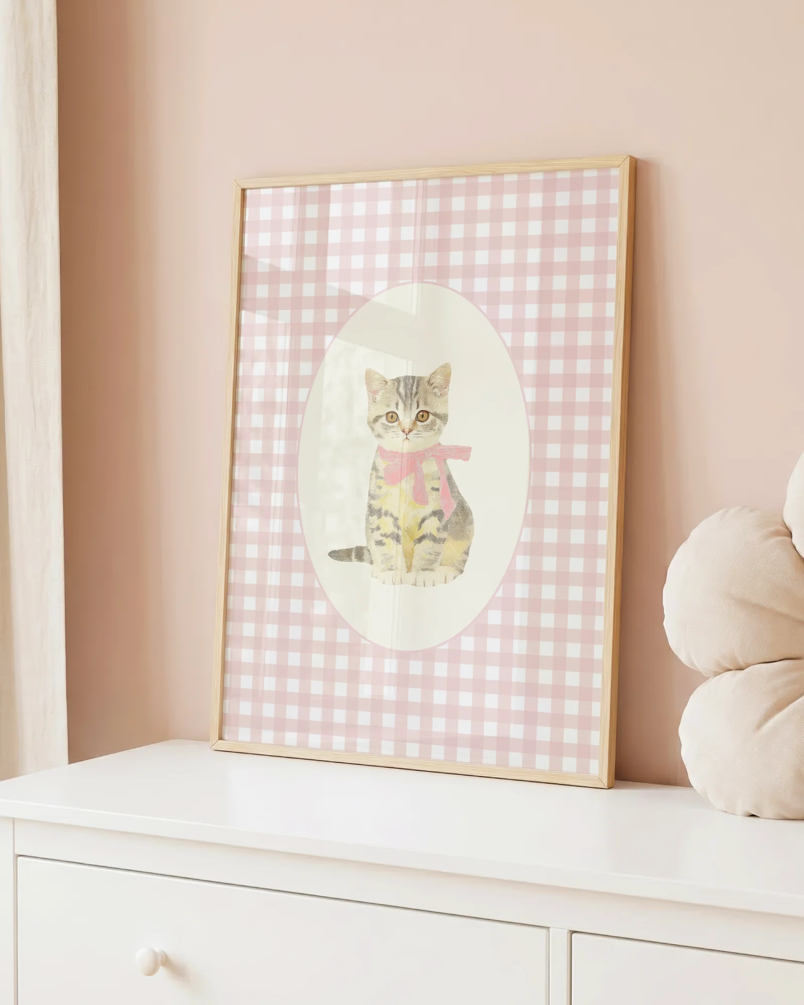 Gray Tabby Kitten Pink Gingham Nursery Printable Cat Poster