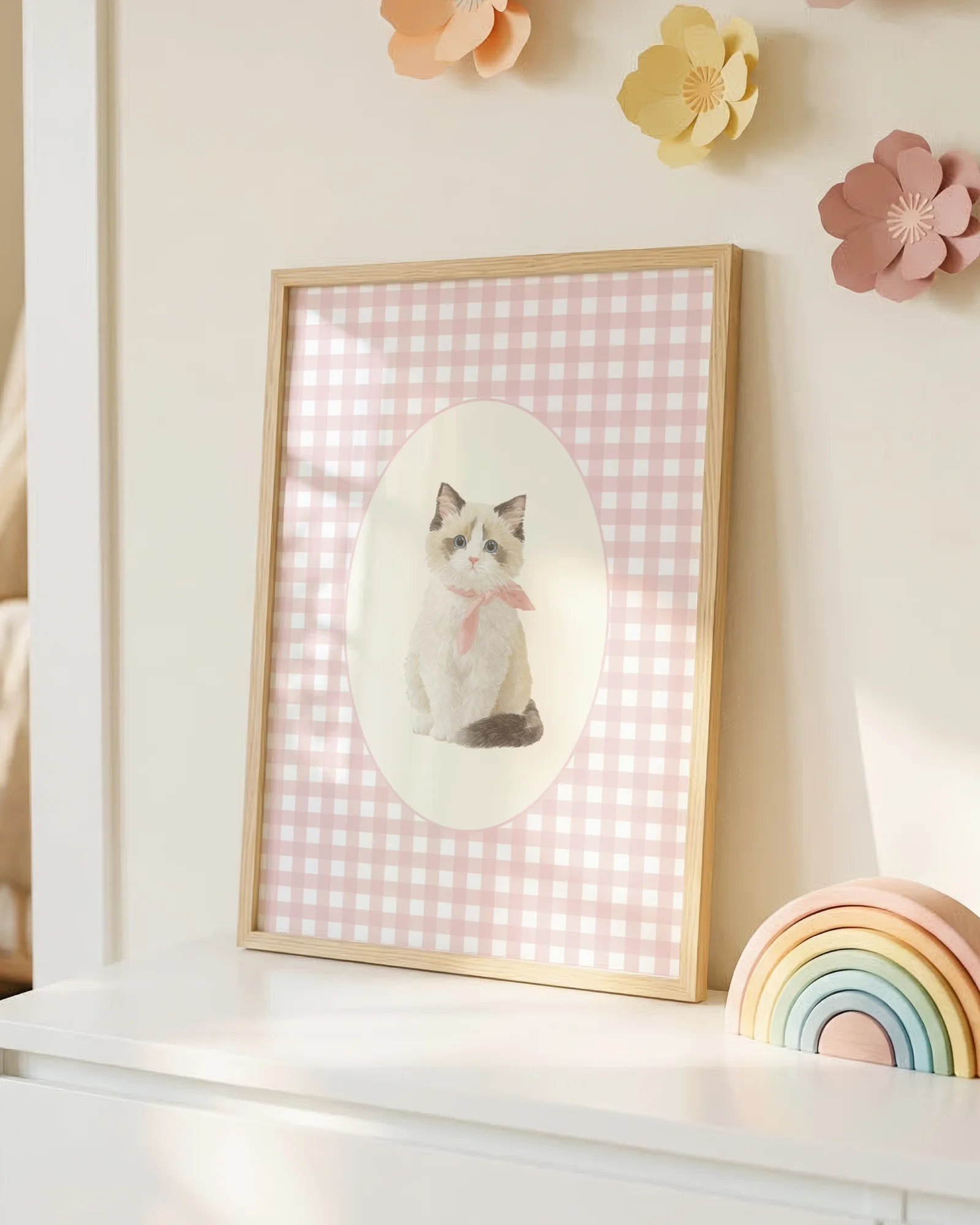 Ragdoll Kitten Pink Gingham Nursery Printable Cat Poster