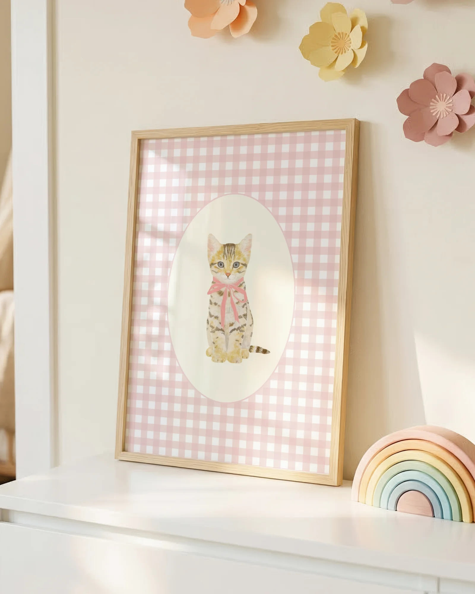 Tabby Kitten Pink Gingham Nursery Printable Cat Poster