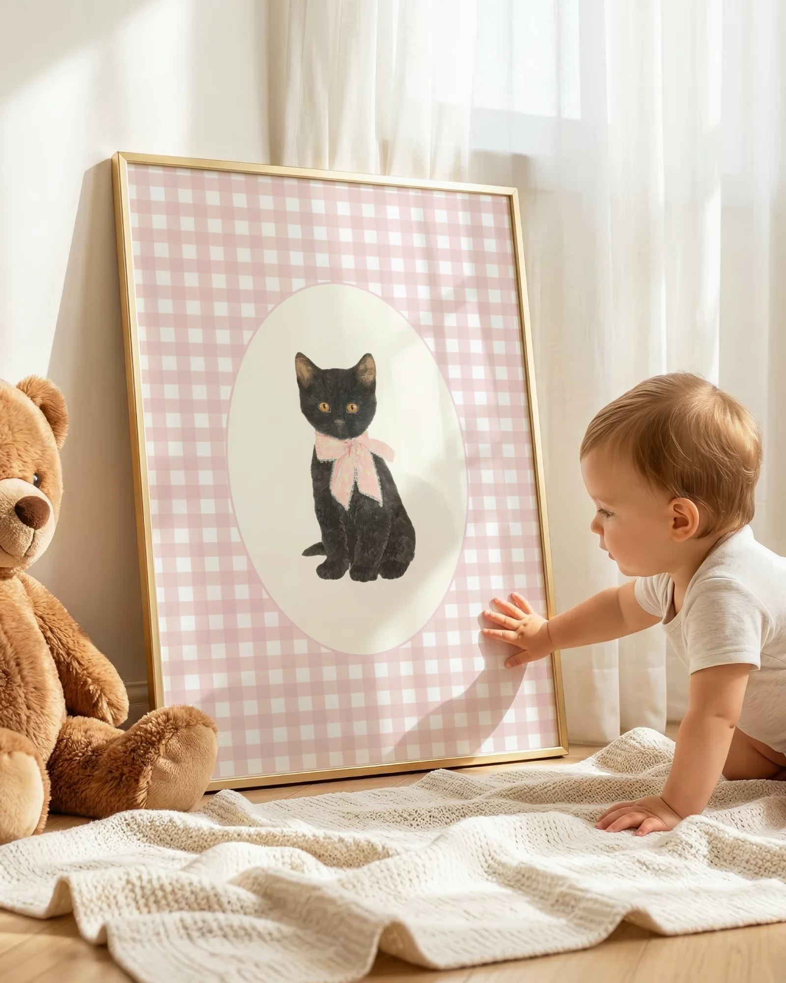Black Cat Kitten Pink Gingham Nursery Printable Cat Poster