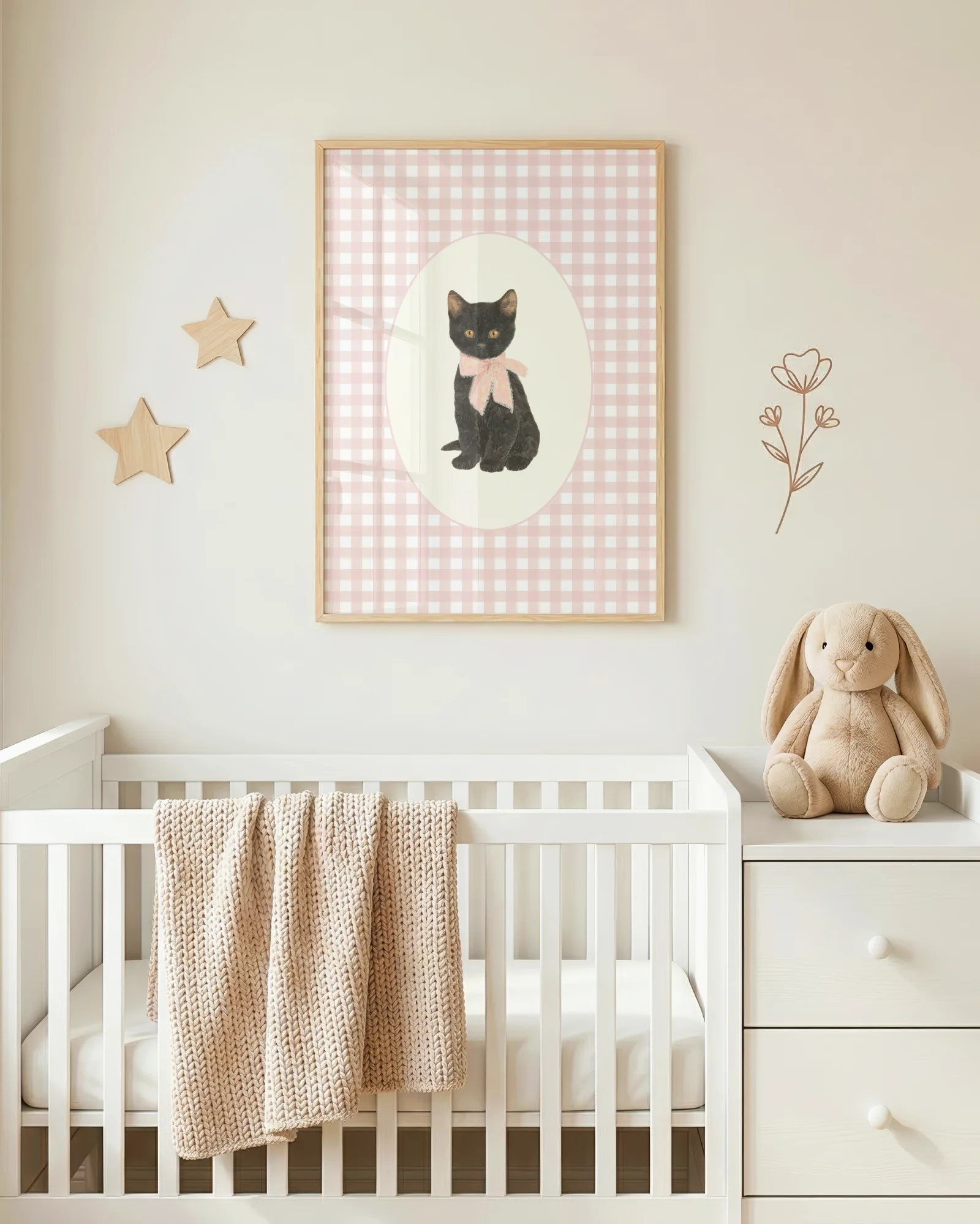 Black Cat Kitten Pink Gingham Nursery Printable Cat Poster