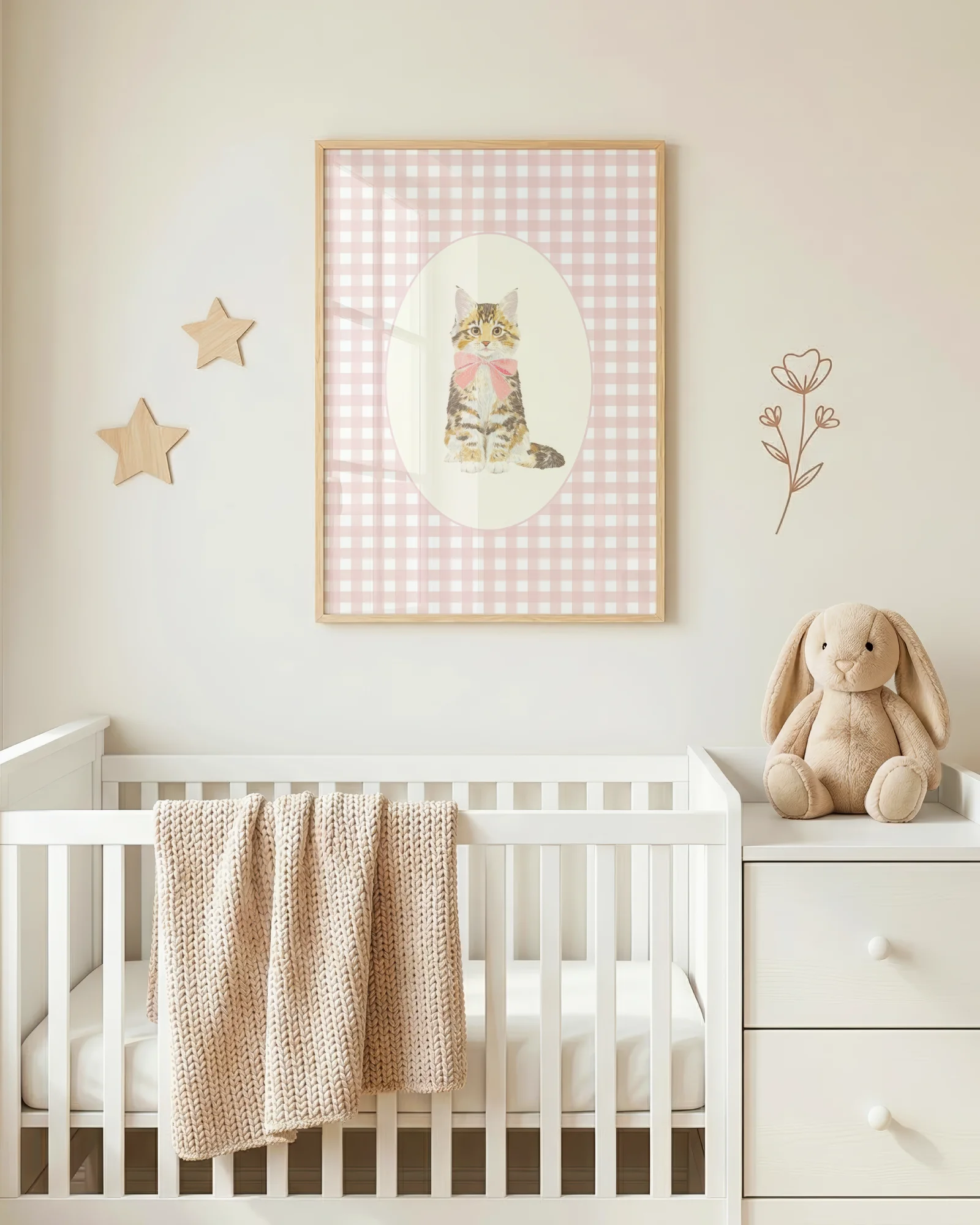 Maine Coon Kitten Pink Gingham Nursery Printable Cat Poster