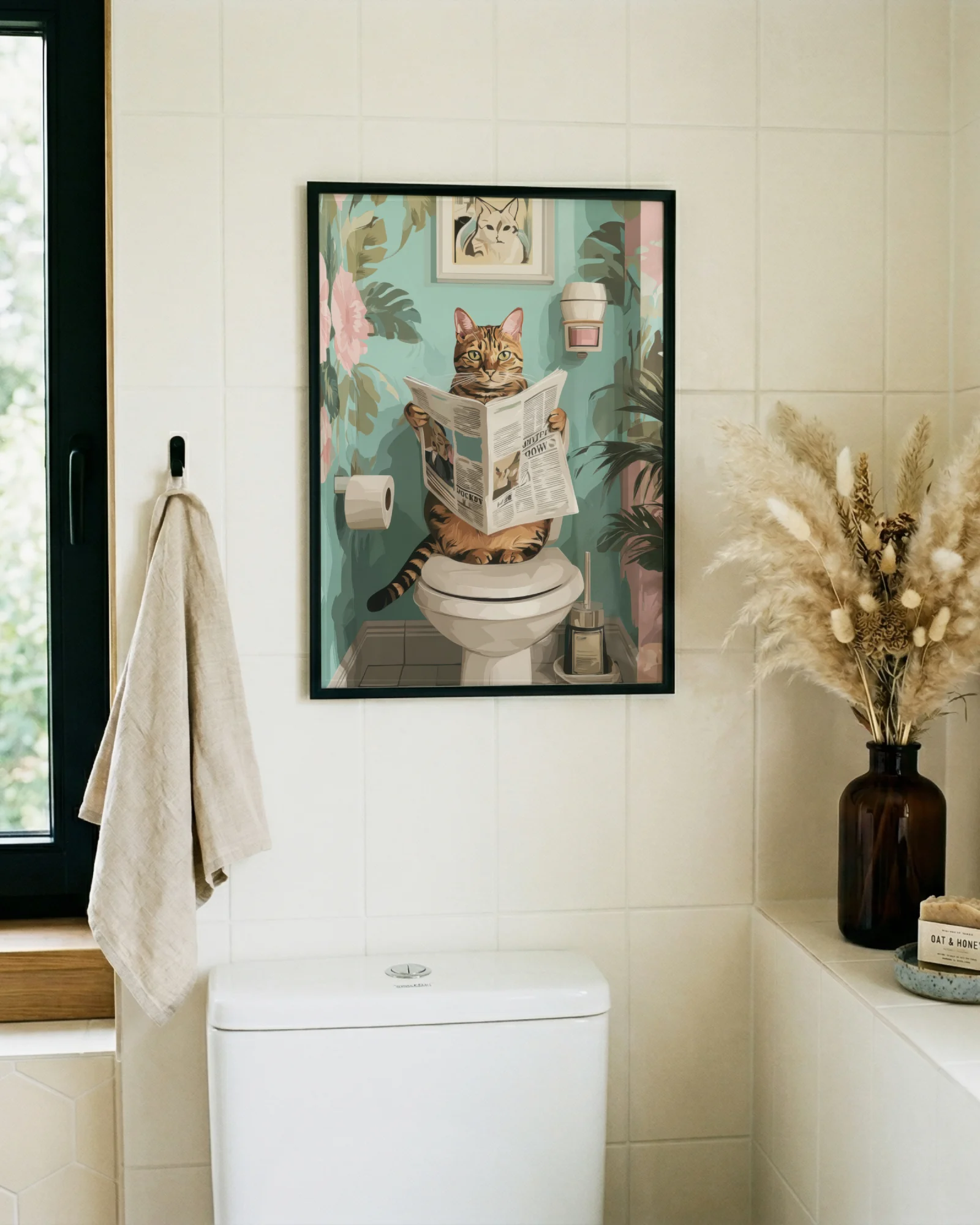 Orange Tabby Cat Sitting on Toilet Bathroom Printable Poster