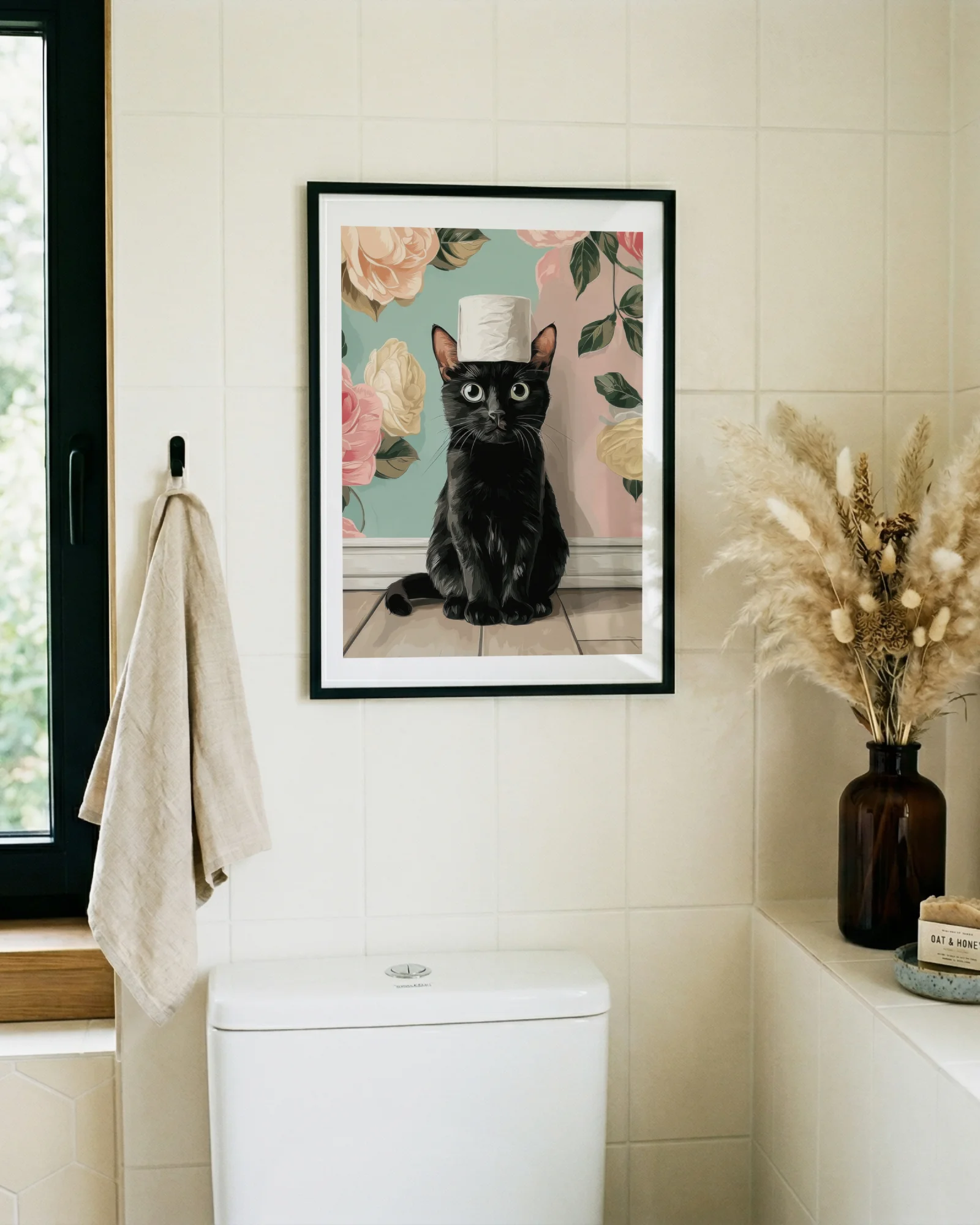 Black Cat with Toilet Paper on Head