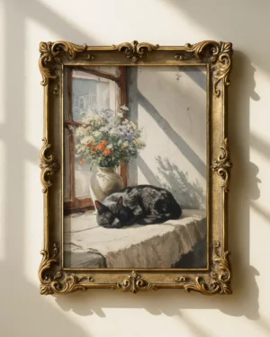 Vintage Black Cat Napping by Window Printable Poster