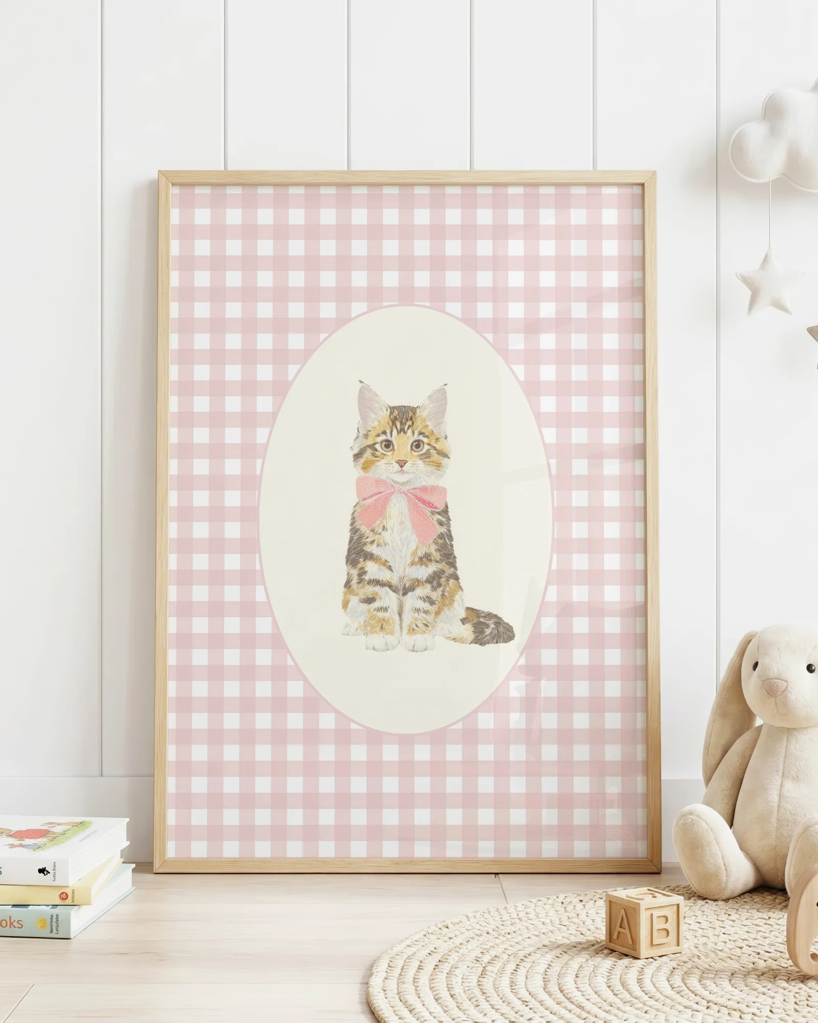Maine Coon Kitten Pink Gingham Nursery Printable Cat Poster
