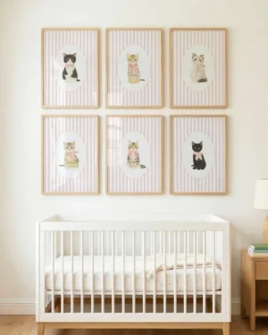 Set of 6 Pink Stripe Kitten Nursery Printable Cat Poster