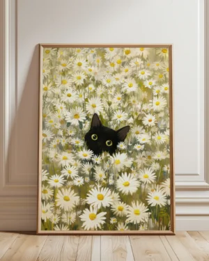 Black Cat Among Daisies Printable Cat Poster